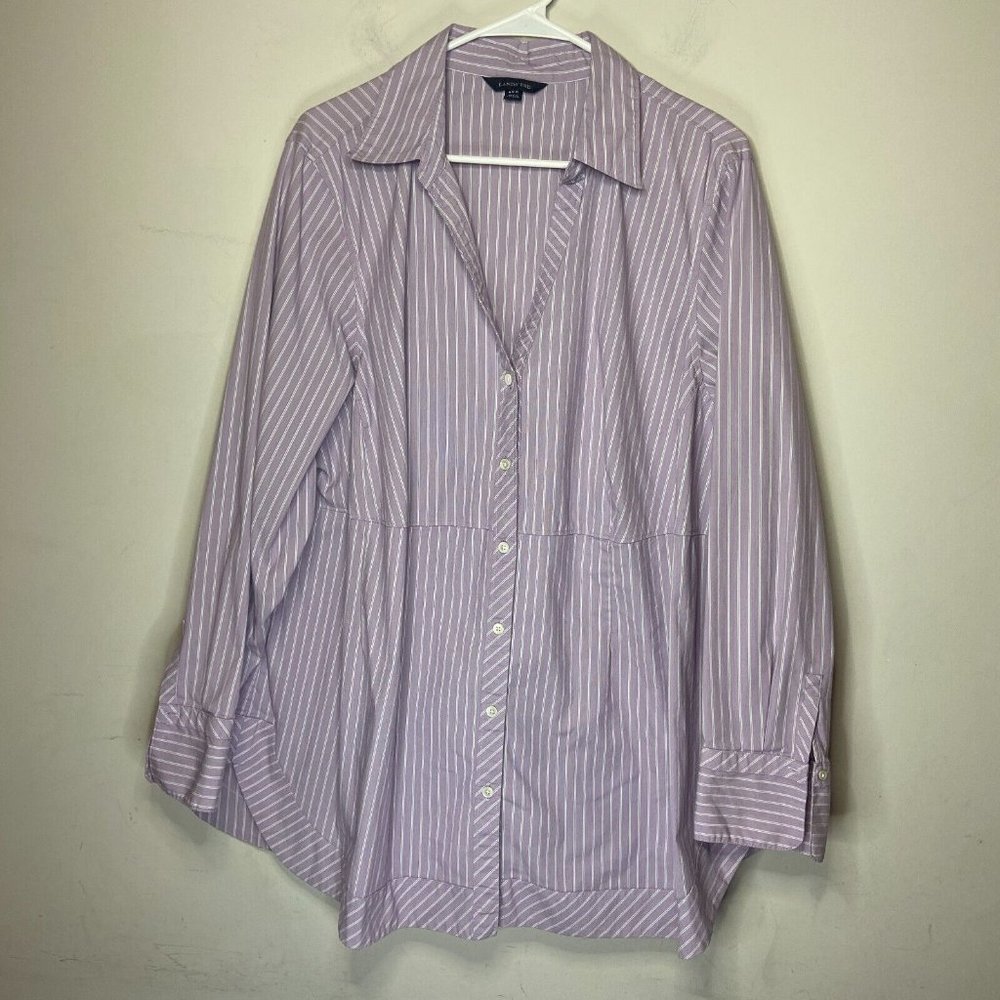 Lands End Women Plus 24W Striped Button Up Shirt Blouse Purple Collar Stretch
